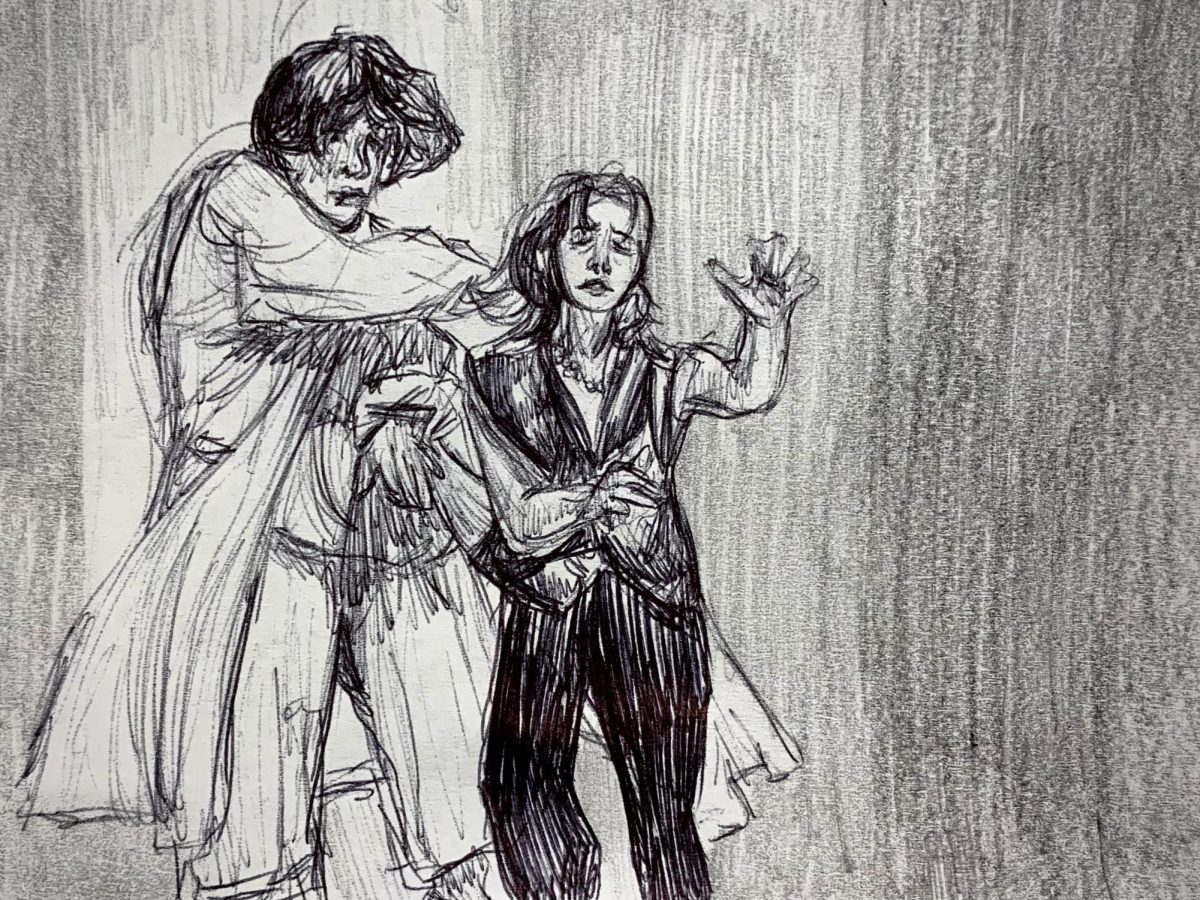Odysseus (junior Sam Neill) kills a suitor (senior Sarah Gleed) in The Odyssey: A Play. Reference photo credit to Deni Storm. Drawn by Ellie Lisiecki.