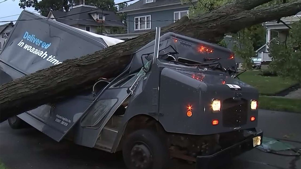 Amazon Delivery Truck Crushed by Falling Tree During Severe New Jersey Storm, Person Trapped Inside